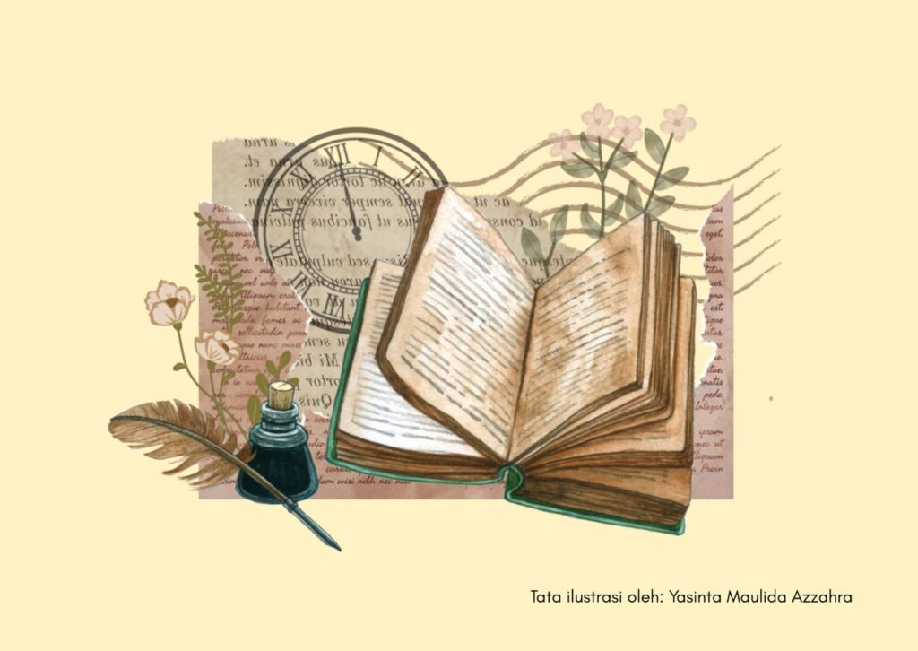 ilustrasi sejarah percetakan buku dari gulungan kertas hingga era digital.