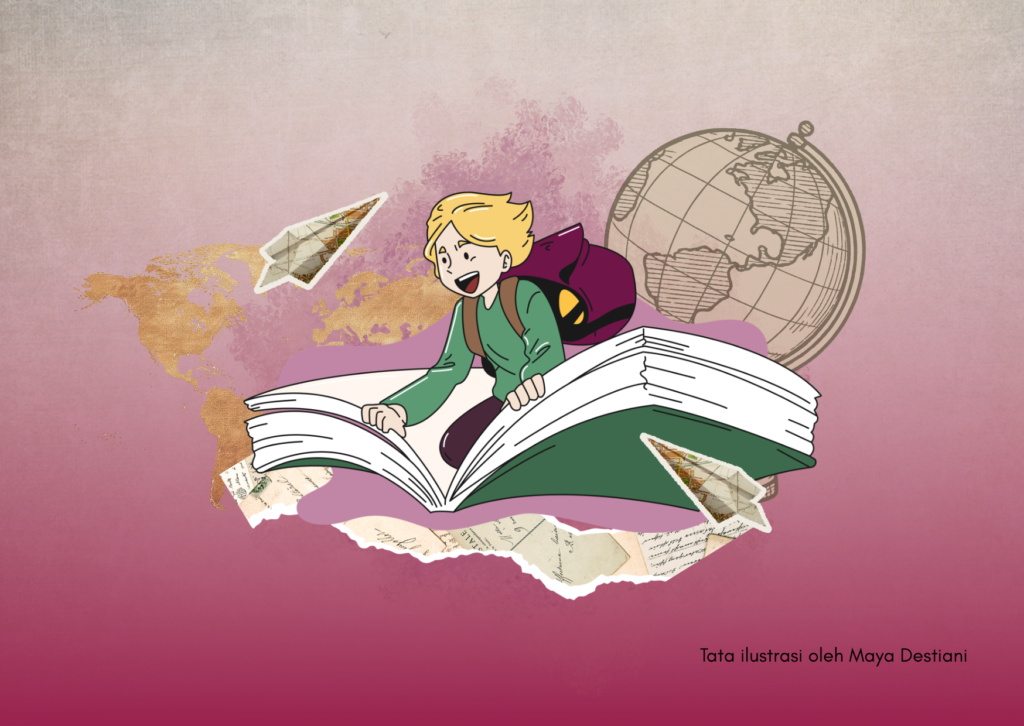 Ilustrasi menjelajahi dunia dengan buku