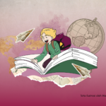 Ilustrasi menjelajahi dunia dengan buku