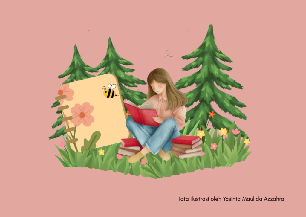 Ilustrasi esai aku dan buku di antara halaman aku tumbuh